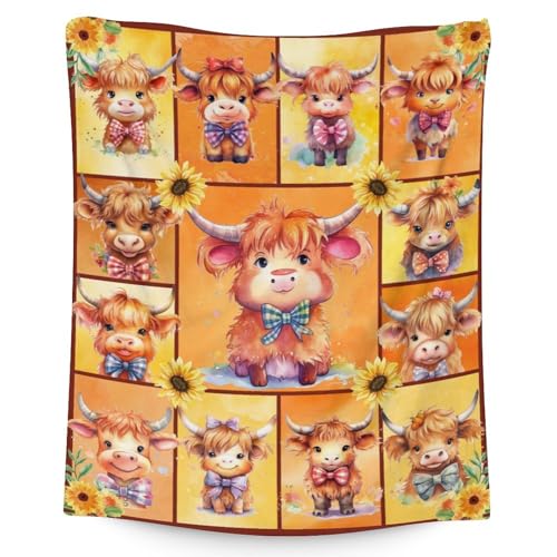 Highland Cow Blanket Gifts - 60x80 Inches Cute Throw Blanket for Girls & Boys - Yellow Soft Fuzzy Blankets for Bed, Couch & Living Room