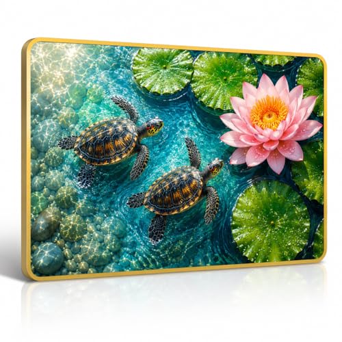 Arkasto Turtle Lotus Wall Painting for Living Room | Nature Wall Art with Lotus Flower & Turtle Design | Premium UV Printed MDF Decor | Waterproof & Anti Fade | Golden Edge Frame | 24 x 18 Inch