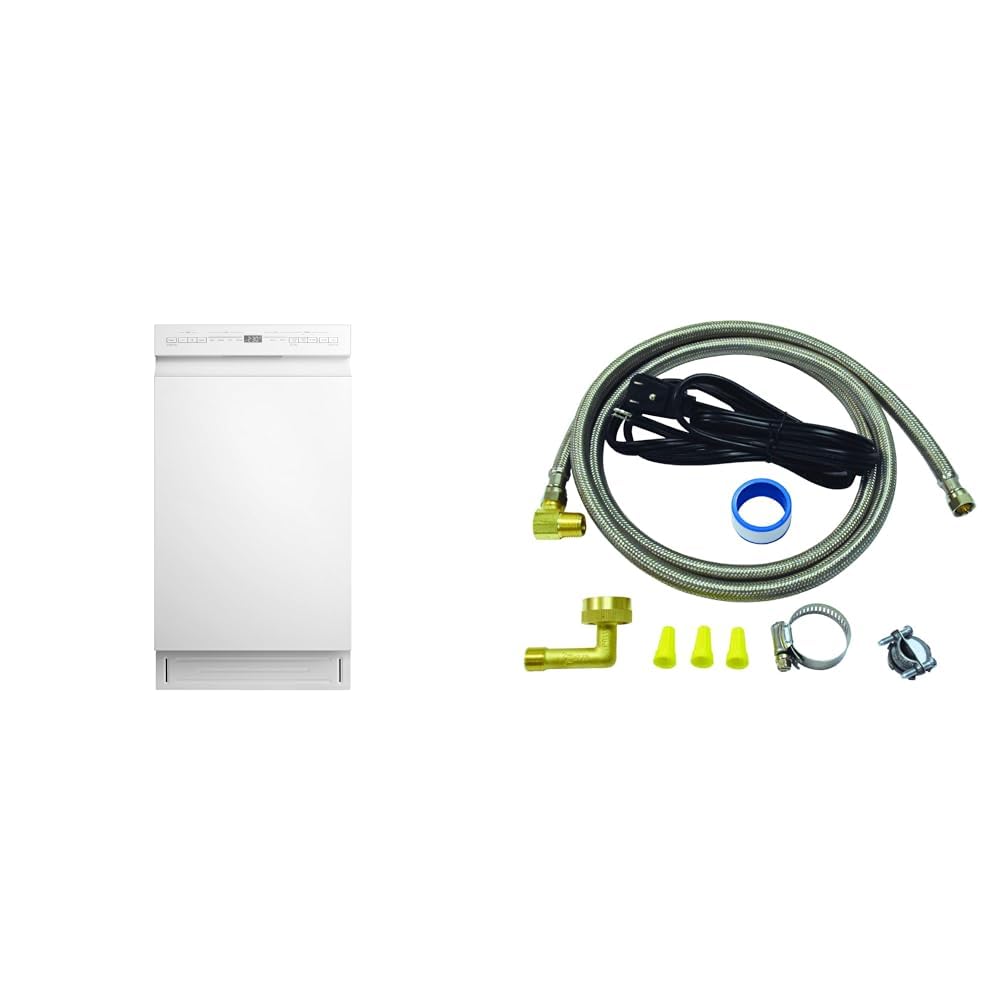 MideaMDF18A1AWW Built-in Dishwasher with 8 Place Settings, 6 Washing Programs, Stainless Steel Tub, Heated Dry, Energy Star, White & Eastman Dishwasher Installation Kit with Angled Electrical Cord