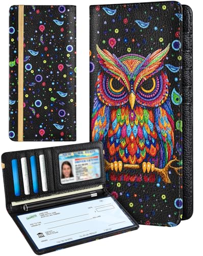 Image of Slohif Checkbook Cover for Personal Duplicate Checks - Leather Check Book Wallet Holder for Women Black Owl Print Top Stub