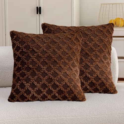 Housse de coussin en fausse fourrure marron foncé 114x114 cm lot de 2 grand format
