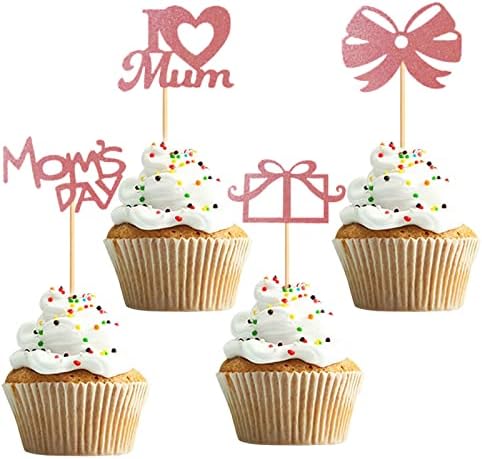 UXYOKM 24Pcs Mother's Day Cupcake Toppers Glitter Happy Mother's Day Cupcake Toppers I Love Mum Cupcake Picks Mother Birthday Party Cake Decorations Supplies Mother Day Cupcake Picks Mom cupcake picks