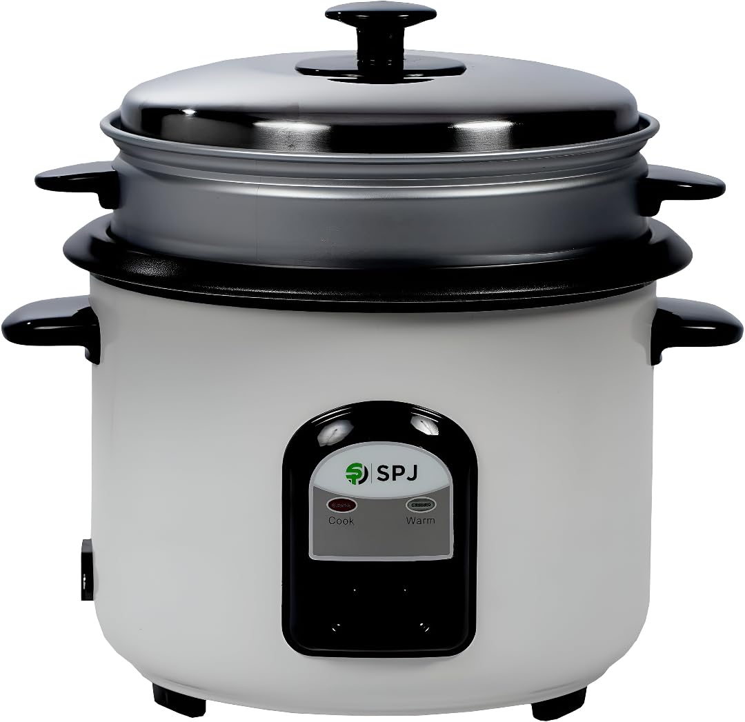 SPJ 1.8L Electric Rice Cooker with Steamer – 833W, Non-Stick Inner Pot, Auto Keep Warm, Stainless Steel Lid, One-Touch Cooking – White, 1-Year Warranty