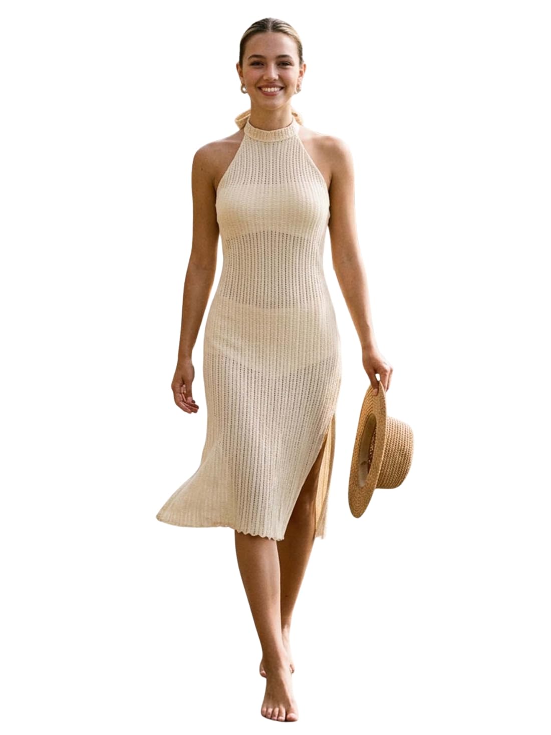 Beige Crochet Halterneck Beach Cover-Up Dress with Side Slits-image-40