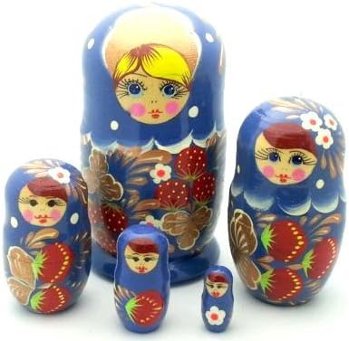 Russian Traditional Blue Matryoshka Hand Painted Nesting Set of 5 Dolls / 5" Tall
