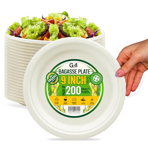 G4GADGET 200 Pack 9-Inch Heavy Duty Compostable Plates | Large Biodegradable Sugarcane Bagasse Plates | Eco-Friendly Disposable Tableware for Catering, Parties, Events & Everyday Use