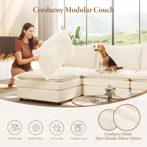 Image of Vesgantti 108 inch Modular Sectional Sofa, Comfy Cloud Couch with Movable Ottoman Deep Seat Corduroy L Shaped Modular Sofa, Sectional Couches for Living Room, Bedroom and Apartment, Beige
