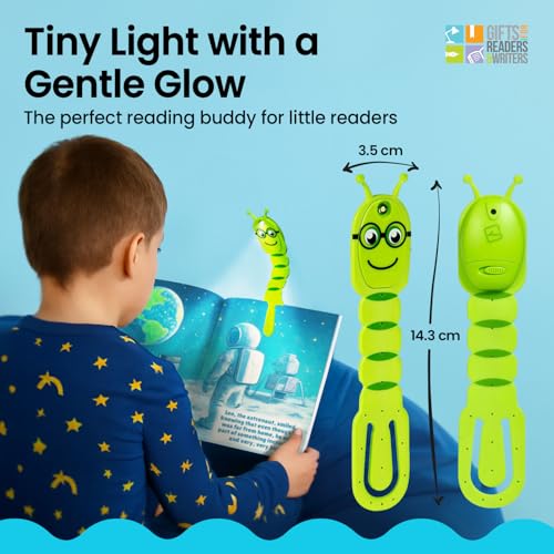 Image of Gifts for Readers & Writers Book Light for Kids, Clip On Reading Light for Bed, 2in1 Flexilight Pals & Bookmark, Small & Lightweight with a Soft Glow, 2 Batteries Included, Bookworm Green