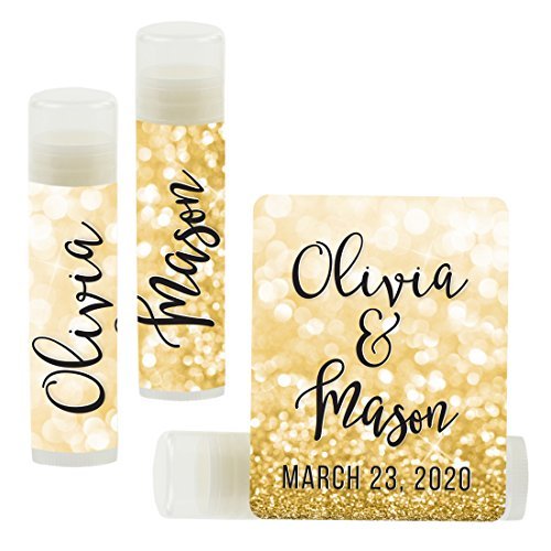 Andaz Press Personalized Bridal Shower Bachelorette Party Lip Balm Party Favors, Faux Gold Glitter Shimmer, Bride's Name and Date, 12-Pack, Custom