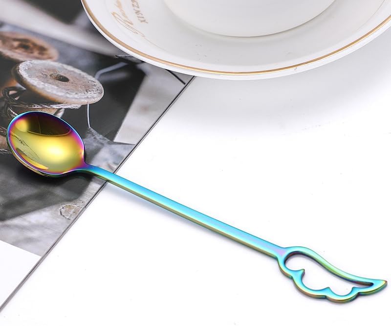 Flatware Silverware Set, 1/4/6/8 Pieces 304 Stainless Steel Feather Coffee Spoon Creative Cartoon Wings Stirring Spoon Dessert Spoon, Cutlery Set (Color : Black, Size : 8Pcs)