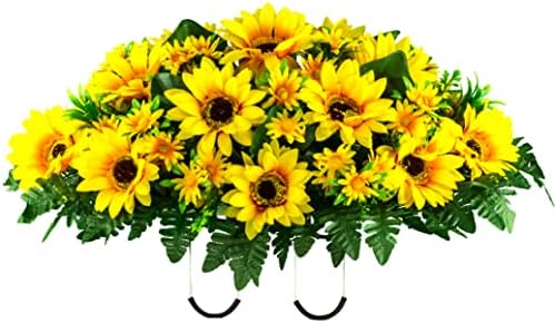 Sympathy Silks Artificial Cemetery Flowers - Realistic Vibrant Sunflowers Outdoor Grave Decorations - Easy Fit - Yellow Sunflower Saddle for Headstone