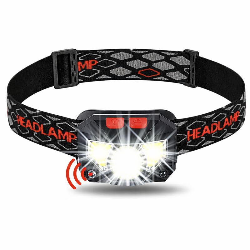 wowtravel Rechargeable LED Head Torch with Motion Sensor 8 Light Modes USB C Headlamp Waterproof Adjustable Angle Lightweight Headlight for Running Hiking Camping Fishing
