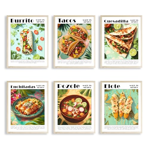 Eastern Print Mexican Cuisine Set Of 6 Wall Art, Traditional Mexican Food Poster Prints, Kitchen Wall Decor, Dishes Posters for Home Kitchen, Food Home Decor, 8x10 Unframed