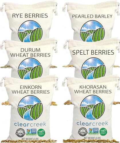 CLEAR CREEK Certified Glyphosate Residue Free Einkorn, Khorasan, Durum, Rye, Spelt, and Barley Berries | 24 lb (6-4 lb bags) | Non-GMO Project Verified
