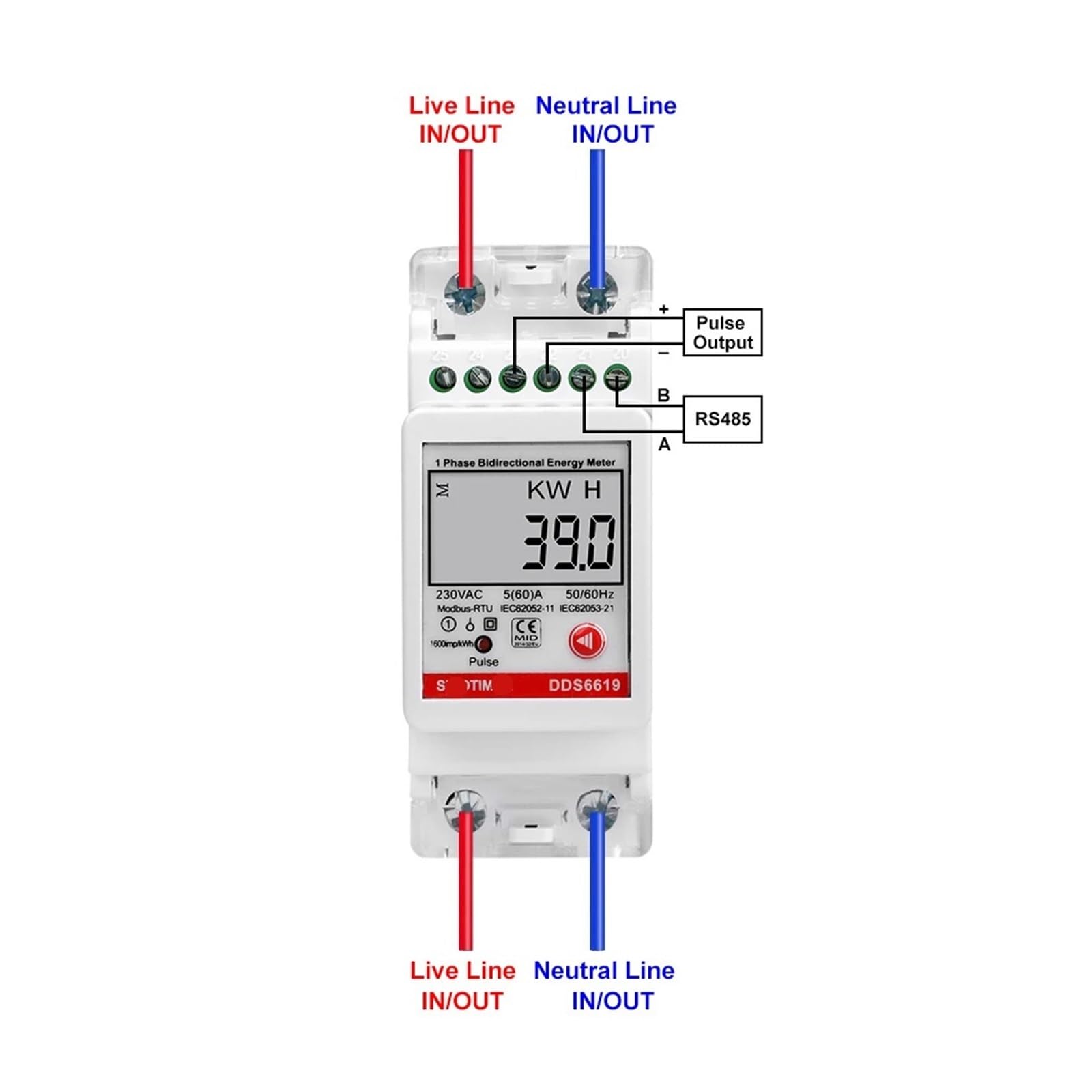 Jednofazowy dwukierunkowy cyfrowy wyświetlacz LCD, zużycie energii, licznik prądu kWh AC 230 V, elektryczna szyna Din