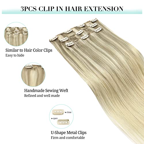 Image of DOORES Hair Extensions Clip in Human Hair, 3pcs 60g 14 Inch Balayage Ash Blonde to Golden Blonde and Platinum Blonde Remy Clip in Human Hair Extensions Natural Straight Hair Extensions