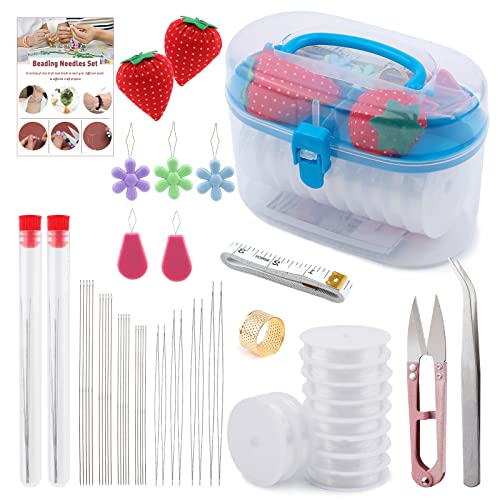 Beading Needles Set Include 20Pcs Long Straight Beading Thread Needles+8Pcs Big Eye Beading Needles+10Pcs Elastic String, Needles For Jewelry Making With Thimble, Needle Threader And Storage Box #TOP5