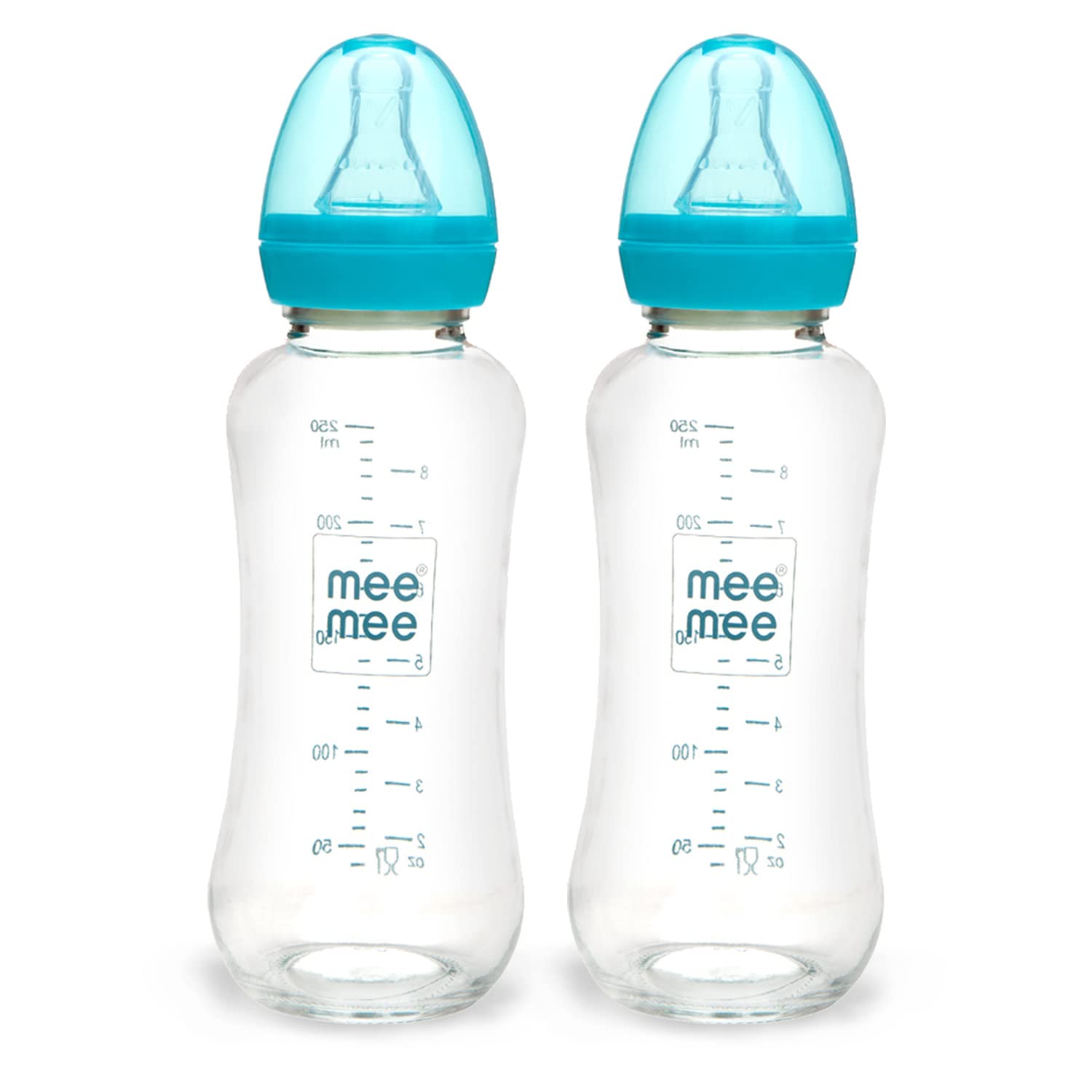 Mee Mee Premium Glass Feeding Bottle with Eazy-Flow Technology, Anti-Colic Valve,Anti Slip,BPA-Free Baby Feeding Bottle for Babies & Toddlers(Blue, 240Ml,Pack of 2)