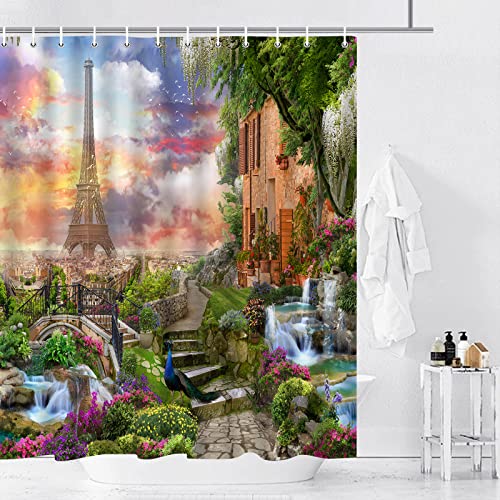 Yintonne Spring Scenery Shower Curtains Eiffel Tower European Architecture Green Plant Colorful Flower Peacock Pattern Print Bathroom Cloth Hanging Curtain Set With Hooks 70 X 70 Inch #TOP1