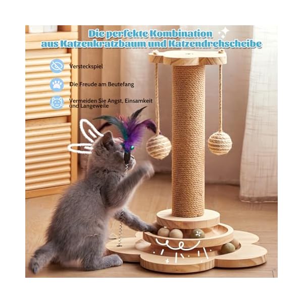 Katzenkratzbaum,Kratzbaum Klein mit Hängenden Ball & Feder für Katzen,Kratzbaum Katze mit 40cm-hoher Kratzsäule,3-in-1 Interaktives Katzenspielzeug Ausgestattet mit 2-lagigem Rollendrehteller – Bild 3