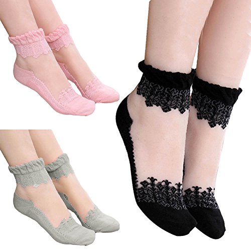 Vococal - 3 Paia Donne Signora Ragazza Ultra Sottile Elastico Trasparente Pizzo Seta Calzini Corti con Anti Scivolo Cotone Parte Inferiore,Nero Grigio Rosa
