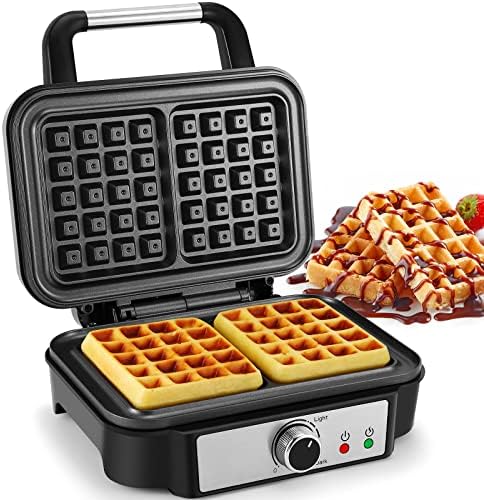 Extra Deep Belgian Waffle Maker MONXOOK, 2-Slice Non-Stick Waffle Iron with 5 Browning Knob, Classic 1" Thick Waffles, Anti-overflow, Recipes Included, PFOA Free, Stainless Steel
