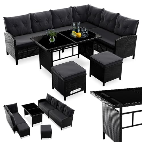 Juskys Salon de Jardin Lounge Manacor en polyrotin Noir - avec canapé, Table, 2 tabourets & Coussins - Ensemble de Meubles de Jardin pouvant accueillir jusqu'à 7...