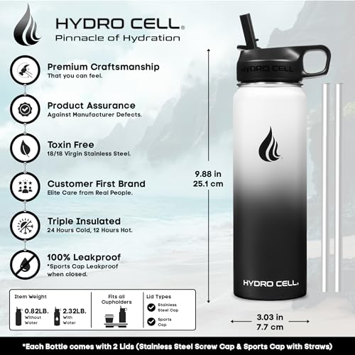Image of HYDRO CELL Stainless Steel Insulated Water Bottle with Straw - For Cold & Hot Drinks - Metal Vacuum Flask with Screw Cap and Modern Leakproof Sport Thermos for Adults (Black /White 24oz)