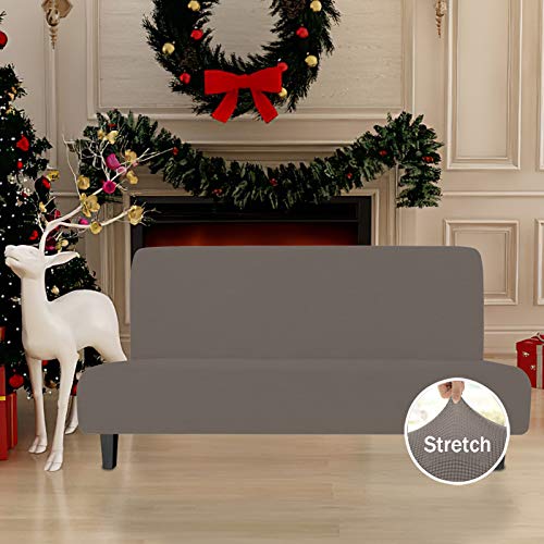 Image of Easy-Going Stretch Large Futon Slipcover Armless Futon Cover Taupe | Sofa Bed Furniture Protector Without Armrests with Elastic Bottom for Kids, Soft Jacquard Machine Washable