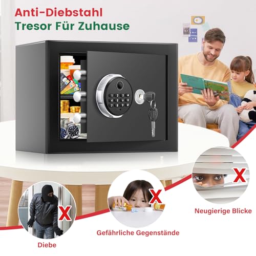 Tiskgg Fingerabdruck Tresor für Zuhause mit Feuerfester Tasche, 25L Safe Tresor Fingerabdruck mit Abnehmbares Regal und Dualer Alarmmodus, Digitaler Möbeltresor für Geld Medikamente Dokumente