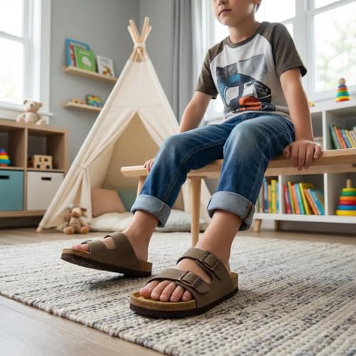 CUSHIONAIRE Lane Kids Sandals, Comfortable Cork Footbed Slide with Adjustable Straps and Supportive Design for Boys and Girls Sandals, BROWN 5 angle 7