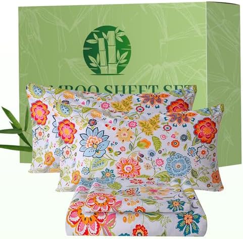 Bedlifes Queen Floral 4-Piece Sheet Set - Cooling Sheets Blend Rayon Derived from Bamboo,Soft & Breathable, Deep Pocket 16", Wrinkle Resistant - Vibrant Boho Floral Spring Design - Thumbnail 2