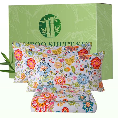 Image of Bedlifes Extra Deep Pocket 18-24 inch Queen 4-Piece Sheet Set - Cooling Sheets Blend Rayon Derived from Bamboo Soft & Breathable Floral Spring Design