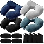Sintuff 4 Sets Inflatable Travel Pillows for Airplanes with Compact Bag and Blindfold Velvet Inflatable Neck Pillow for Traveling Head Support U Shaped Flight, 12 x 12 x 5.5 Inch(Multi Color)