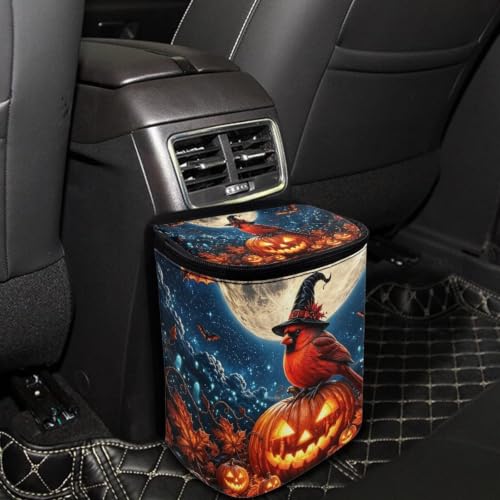 Image of Talayituse Cardinal Pumpkin Moon Bat Print Car Trash Can with Lid, Leak Proof Auto Trash Bag Hanging Vehicle Garbage Can Multipurpose Storage Container for Back Seat Road Trip Halloween Decor