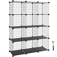 SONGMICS 12-Cube Wire Grid Storage Rack, Interlocking Shelving Unit with Metal Mesh Shelves and PP Plastic Sheets, for Books Shoes Clothes Tools, in Living Room Bathroom, Black LPI34H