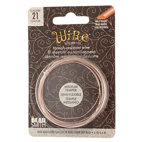 The Beadsmith Half-Round Craft Wire - Medium Temper Beading Wire, Rose Gold Color, 21 Gauge, 4 Yards