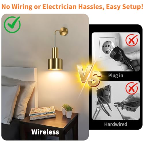 Image of VerRon Rechargeable Battery Operated Wall Sconce Set of Two, Gold Wireless Battery Powered Lights with Dimmable Detachable Bulbs & Remote, Modern Sconces Wall Decor for Bedroom Living Room Hallway