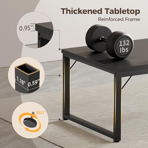 Image of Mericonia 48 Inch Computer Desk, 1 inch Thick Small Office Table, Black | Modern Simple Style, Heavy Duty Industrial Frame, Small Study & Writing Table for Home Bedroom Work