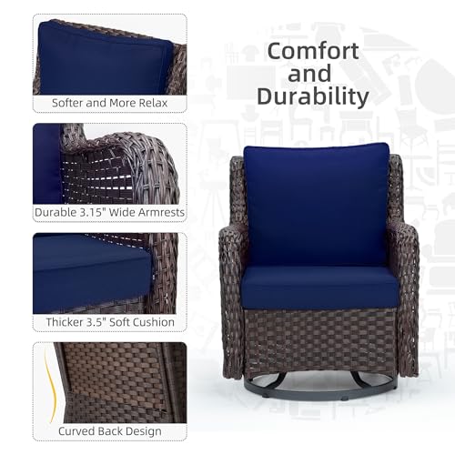 Towallmark Outdoor Swivel Wicker Glider Patio Chairs with Table Set, 3 Pieces Outdoor Bistro Set with 4”Thick Cushions and Coffee Table for Porch, Balcony, Deck (Blue) by Towallmark - Image 4