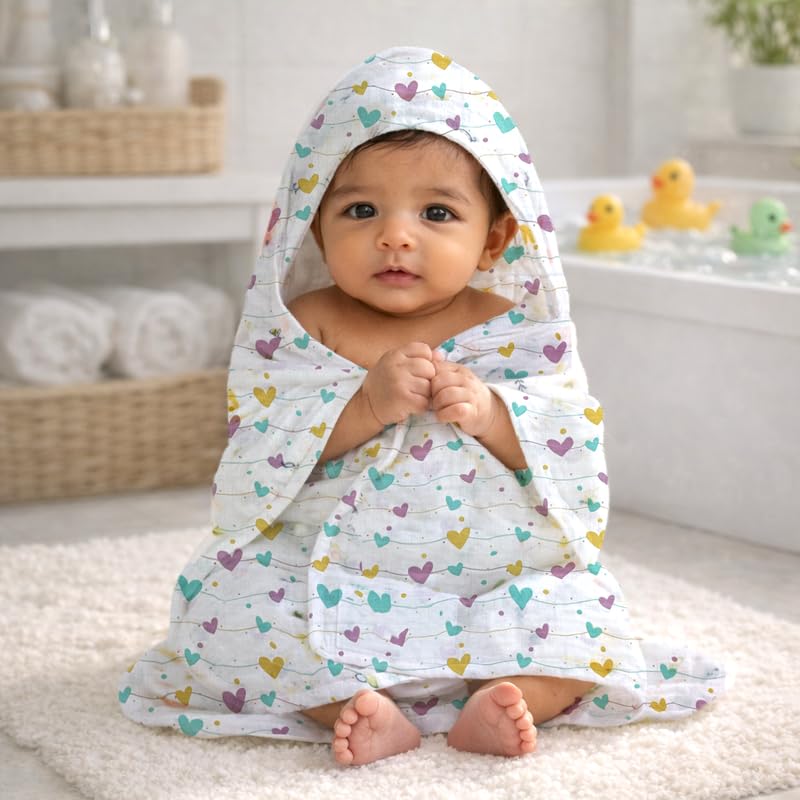 Gigglyfy Premium Hooded Baby Bath Towel | 100% Cotton Muslin Baby Towel for Newborn, Infant & Toddler | Ultra Soft Absorbent Hooded Towel | Heart Shape Baby Bath Wrap-image-48