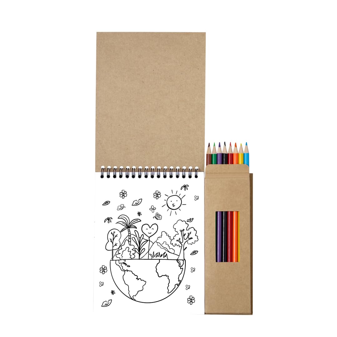 Lote de 25 Set de Lápices y Bloc para Colorear - 8 Lápices de Colores y Bloc de Notas de Anillas, con 6 Hojas de Motivos Naturales y 18 Páginas en Blanco. Regalos para cumpleaños Infantiles.