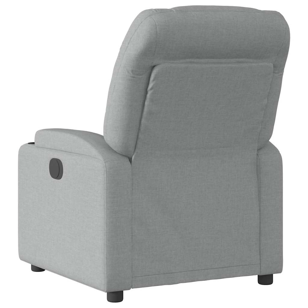 Fotel relaksacyjny, elektryczny, jasnoszary, materiał z funkcją leżenia, regulowany, ergonomiczny, wygodny, z podłokietnikami, drewniana rama metalowa, do salonu, kącika do czytania i biura