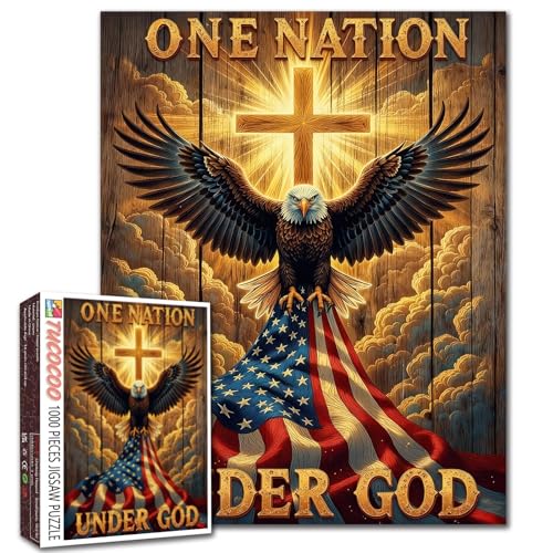 Patriotic Bald Eagle 1000 Piece Jigsaw Puzzles for Adults Christian Cross Puzzles ONE Nation Under GOD Puzzle for Home Decoration Gifts Family Puzzle Perfect for Game Nights 19.7" x 27.6 "