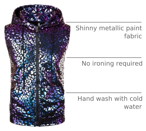 Image of ZEROYAA Mens 70s Metallic Sleeveless Hooded Vest T Shirt | Shiny, Disco, Sparkle, Party, Dance, NightClub, Halloween, Cosplay, Hipster, Kangaroo Pocket, Zip Up