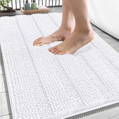 Image of OLANLY Thick Bathroom Rugs 34x21, Extra Soft Absorbent Chenille Striped Bath Rugs, Rubber Backing, Machine Wash Dry, Bath Mats for Bathroom Floor, Tub and Shower, Home Decor Accessories, White