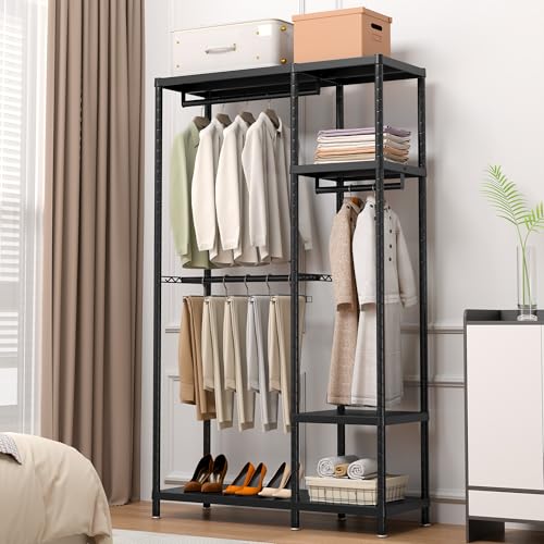 Zhyocogy 195Cm Tall Heavy Duty Clothes Rail, Open Wardrobe With 4 Shelves And 3 Rods, Max Load 600LBS, Portable Tidy Rails For Bedroom, Freestanding Clothes Stand (114Cm)