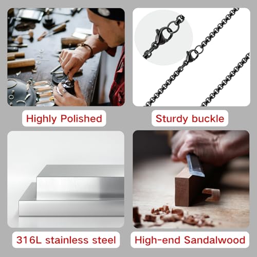 Wooden Cross Necklace for Men, Natural Sandalwood Inlaid with Black Stainless Steel Pendant, Mens Cross Necklaces Including 24 Inch Box Chain ﻿3