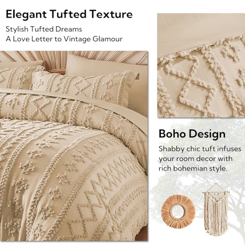 Image of MR&HM 7 Pieces Boho Comforter Set King, Khaki Tufted Boho Bedding Set, Farmhouse Shabby Chic Bed in a Bag with 1 Comforter, 2 Pillow Shams, 2 Pillowcases, 1 Flat Sheet, 1 Fitted Sheet for All Seasons