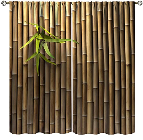 Bamboo 3D Printed Outdoor Curtains, Zen Japanese Natural Bamboo Wall Living Room Kitchen Rod Pocket Window Trim Curtains, 21x45 Inches x 2 Pieces Brown Green